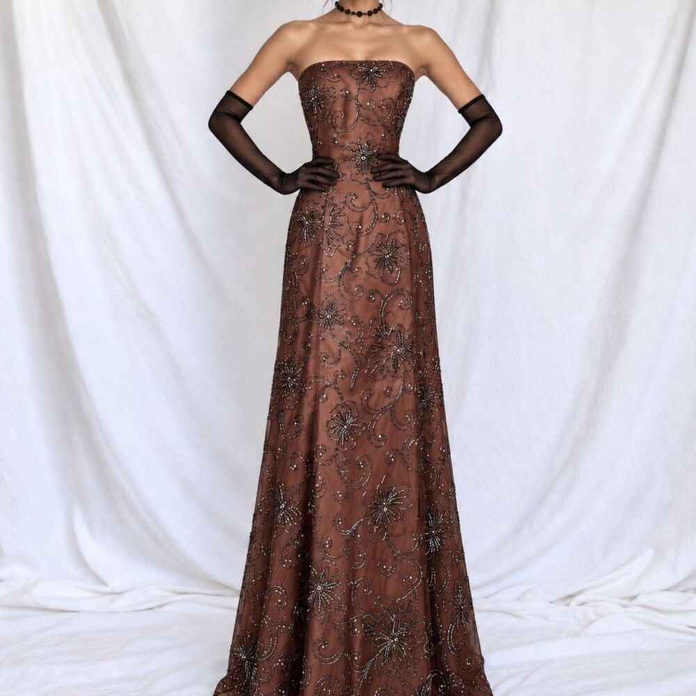 Vintage Brown Floral Beaded Strapless Fit Flared Mesh Maxi Formal Prom Dress M